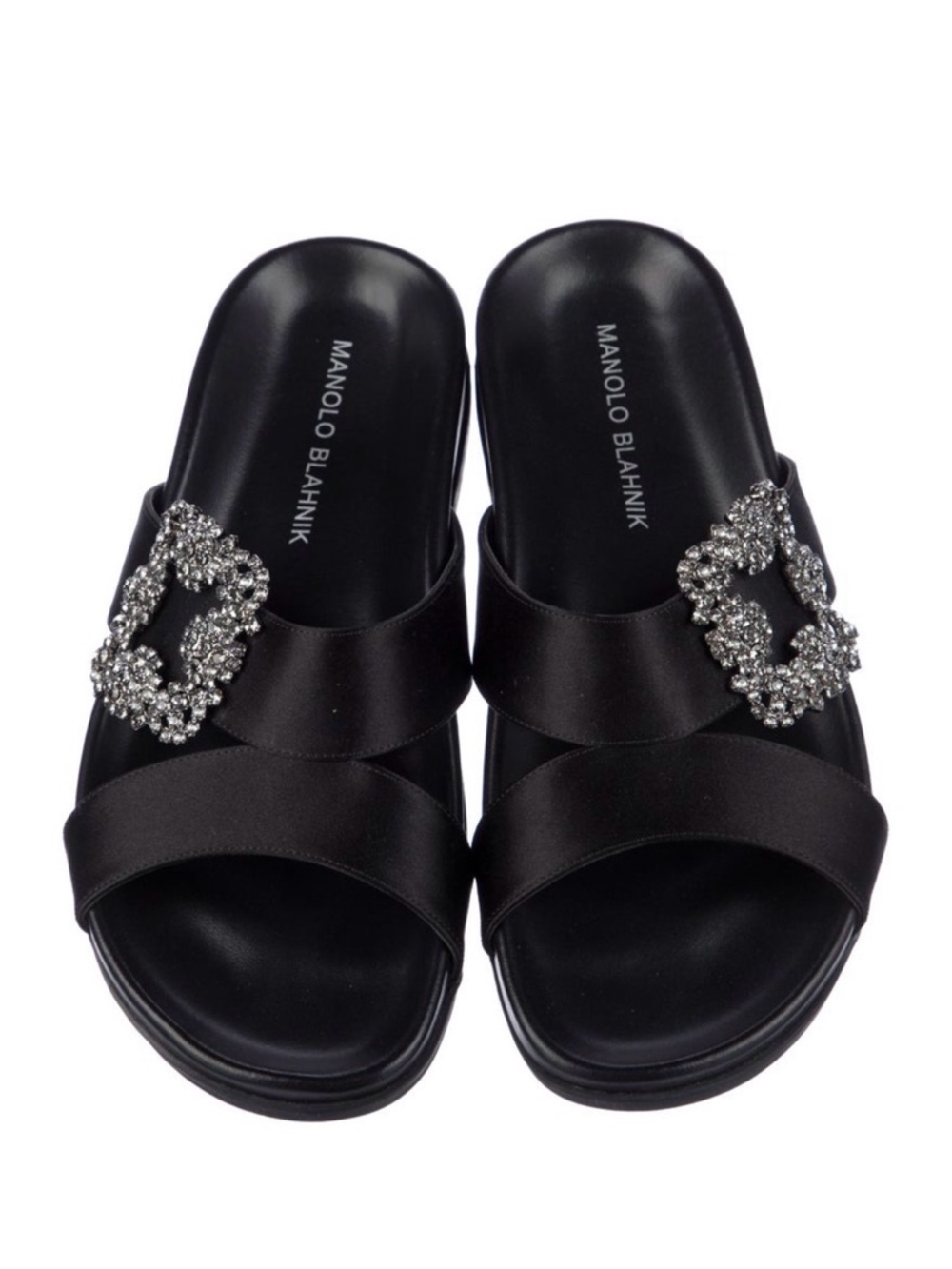 Manolo Blahnik Black Chilanghi Satin Slide Sandals